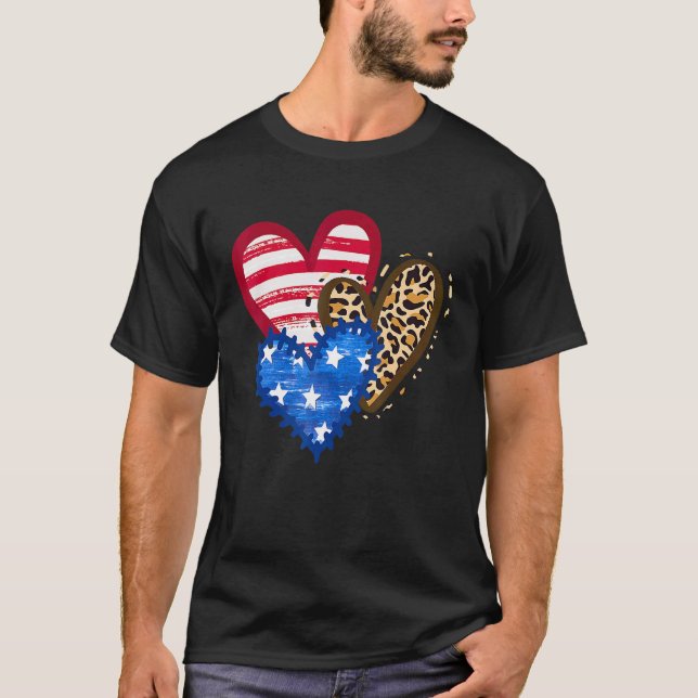 Leopard Hearts American Us Flag  4th Of July Patri T-Shirt (Front)