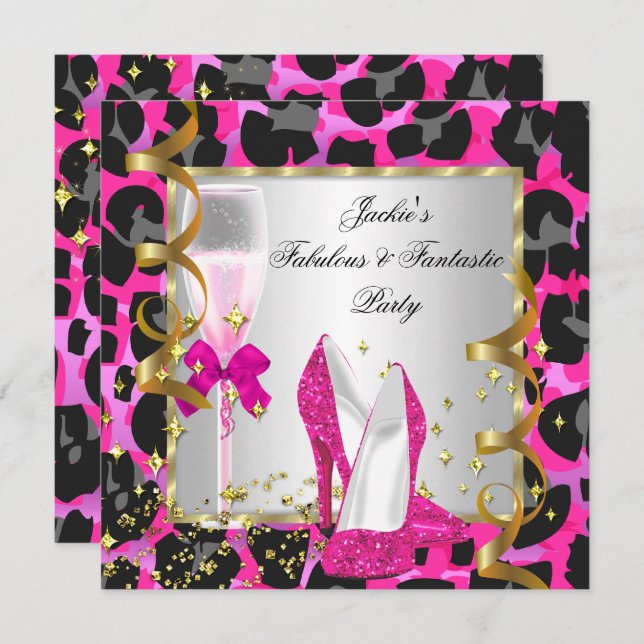 Leopard Hot Pink Black Silver Birthday Party Invitation (Front/Back)
