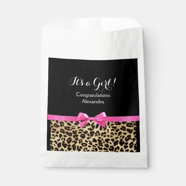 Leopard Hot Pink Bow Its a Girl Safari Baby Shower Favour Bags (Front)