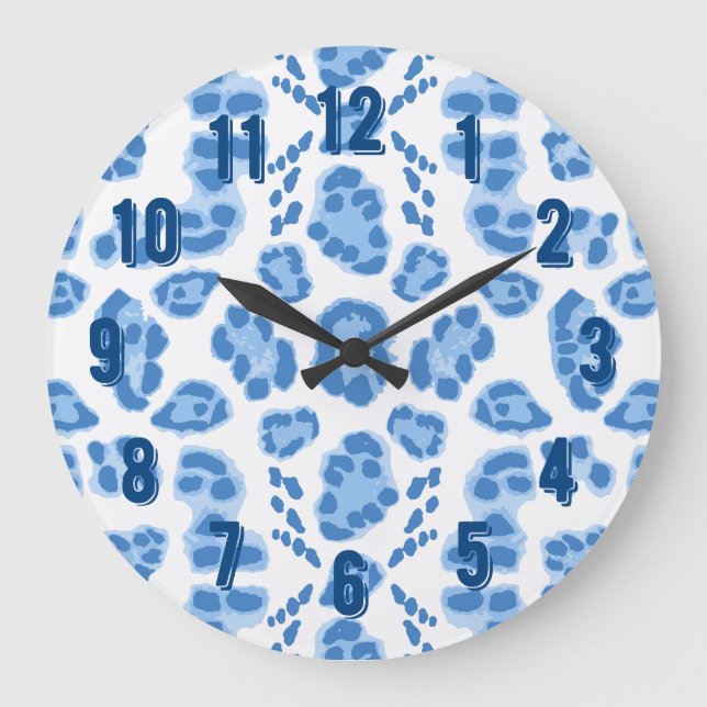 Leopard Ikat in Blue Porcelain Large Clock (Front)