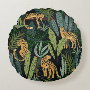 Leopard Jungle Forest Illustration Art Seamless Round Cushion