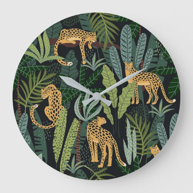 Leopard Jungle Forest Illustration Seamless  Large Clock (Front)