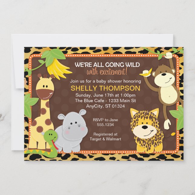 Leopard Jungle Friends Orange Baby Shower Invitati Invitation (Front)