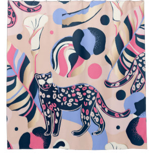 Leopard Jungle: Modern Floral Illustration. Shower Curtain