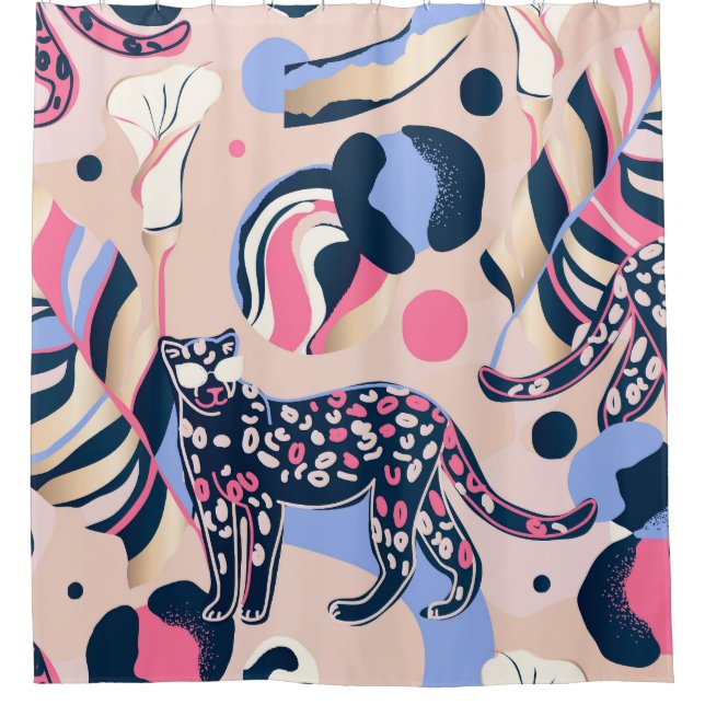 Leopard Jungle: Modern Floral Illustration. Shower Curtain (Front)