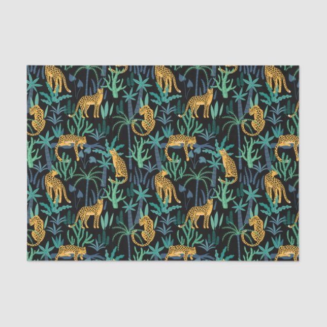 Leopard Jungle Pattern Black Background Tissue Paper (Front)