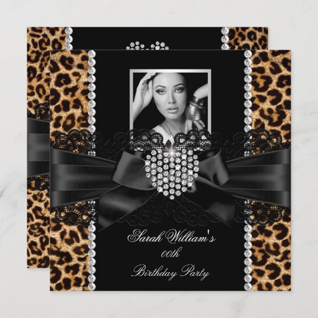 Leopard Lace Diamond Heart Photo Birthday Party Invitation (Front/Back)