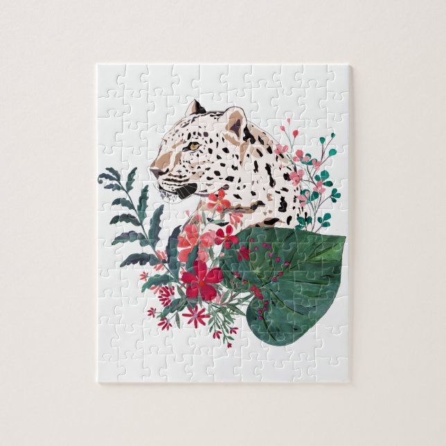 Leopard, leopard muzzle, floral , Botanical Jigsaw Puzzle (Vertical)