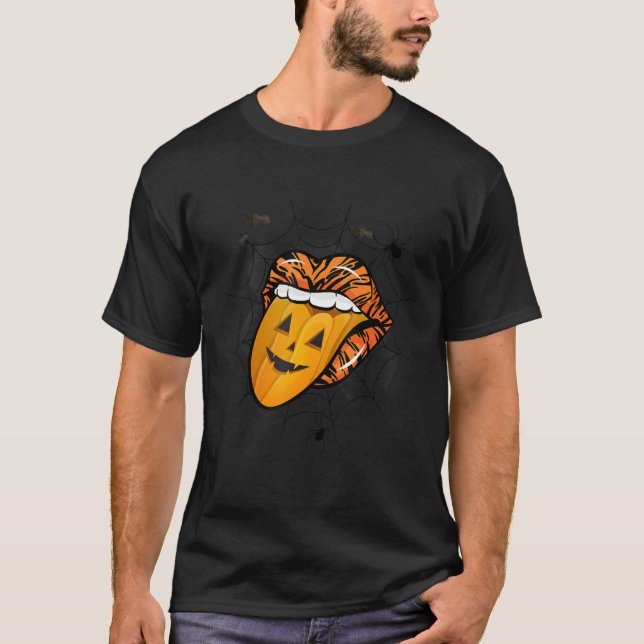 Leopard Lips Pumpkin Tongue Spider Halloween Party T-Shirt (Front)