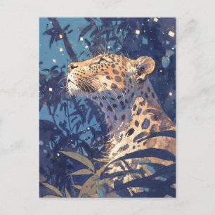 Leopard Looking Up at Starry Sky in Indigo Jungle Postcard