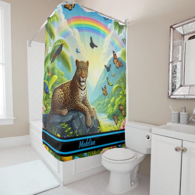 Leopard Majesty: Colourful Jungle Foliage Shower Curtain (In Situ)