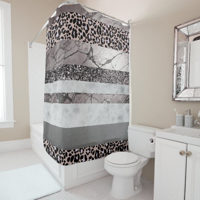 Leopard Marble Glitter Stripes Glam 1 Shower Curtain (In Situ)