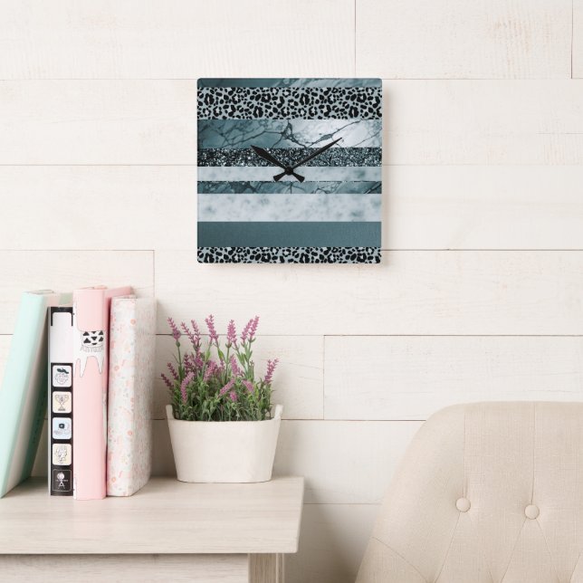 Leopard Marble Glitter Stripes Glam 2 Square Wall Clock (Reading Room)