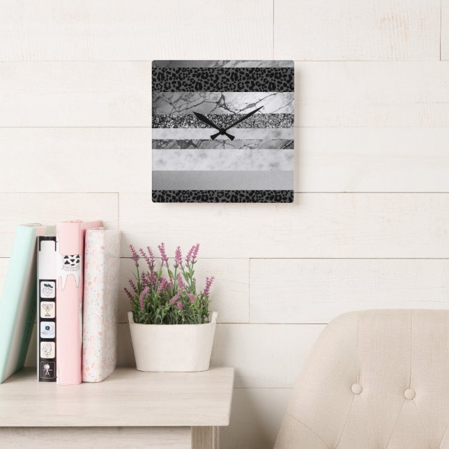 Leopard Marble Glitter Stripes Glam 4 Square Wall Clock (Reading Room)