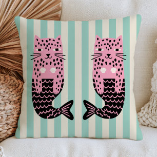 Leopard Mermaids on Stripe Pattern Quirky Nautical Cushion