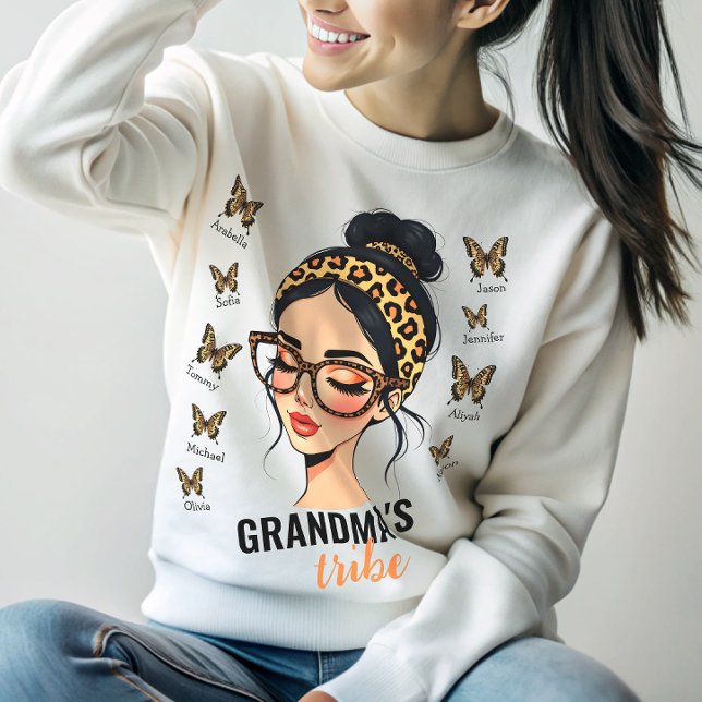 Leopard Messy Bun and Butterflies Custom Names Sweatshirt (Creator Uploaded)