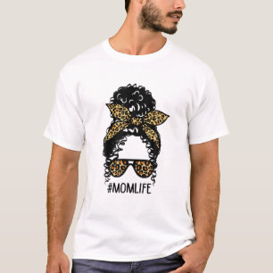 Leopard Messy Bun Black Women Mum Life T-Shirt