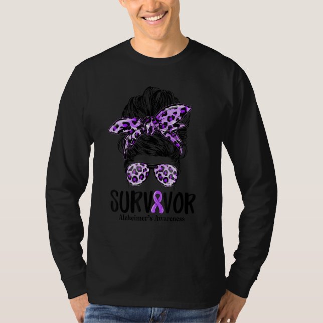 Leopard Messy Bun Women Survivor Alzheimer's Aware T-Shirt (Front)