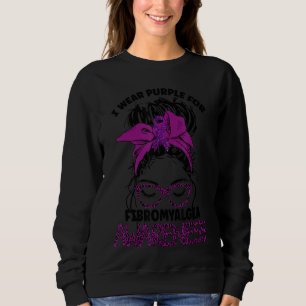 Leopard Messy Hair Bun I Wear Purple Fibromyalgia  Sweatshirt