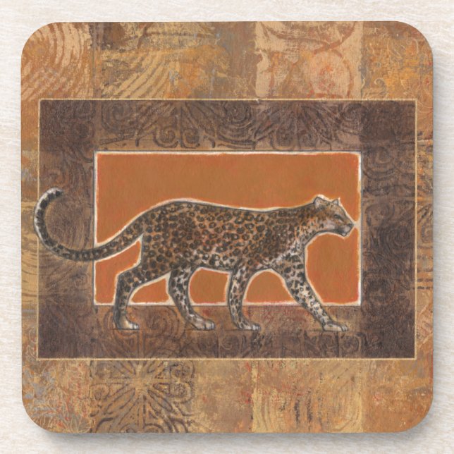 Leopard on Orange and Brown Background Coaster (Front)
