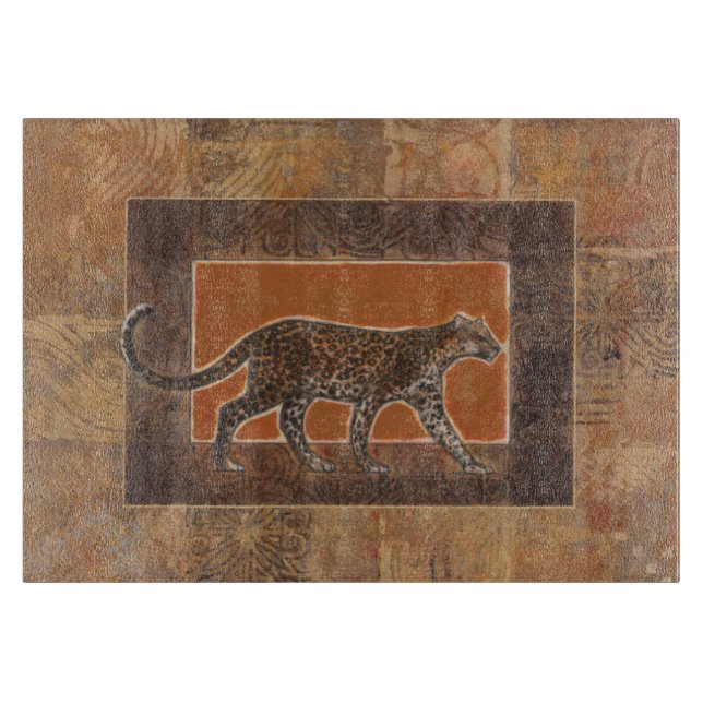 Leopard on Orange and Brown Background Cutting Board (Front)