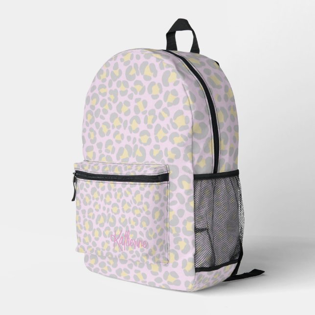 Leopard Pastel Pink Grey Yellow Printed Backpack (Back Corner Right)