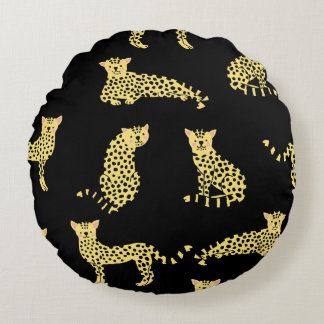 Leopard Pattern: Black Background Cheetah Round Cushion