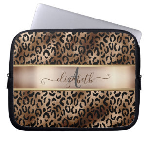 Leopard Pattern Black Bronze Monogram Laptop Sleeve