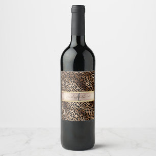 Leopard Pattern Black Bronze Monogram  Wine Label