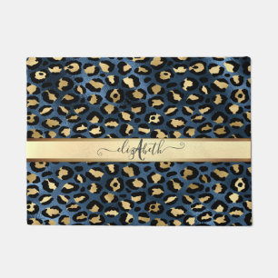 Leopard Pattern Blue Gold Monogram  Doormat