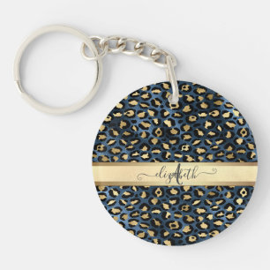 Leopard Pattern Blue Gold Monogram     Key Ring