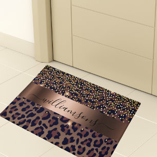Leopard pattern brown black bronze monogram name doormat