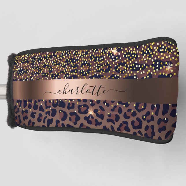 Leopard pattern brown black bronze monogram name golf head cover (Front)