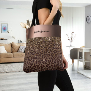 Leopard pattern brown black bronze tote bag