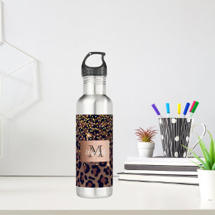 Leopard pattern brown black golden bronze monogram 710 ml water bottle