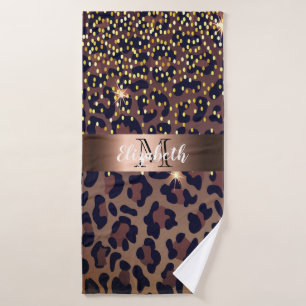 Leopard pattern brown black golden bronze monogram bath towel set