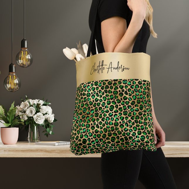 Leopard pattern emerald green gold signature tote bag (Creator Uploaded)