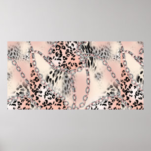 Leopard pattern, flowers, chain, roses poster