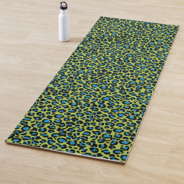 Leopard Pattern in Blue Raspberry on Lime Green Yoga Mat (In Situ)