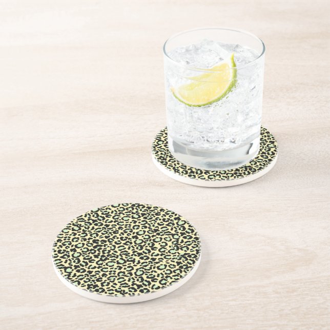 Leopard Pattern in Mint Green on Oatmeal Coaster (Side)