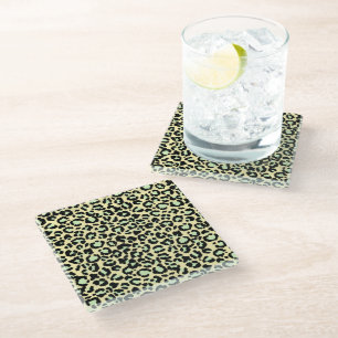 Leopard Pattern in Mint Green on Oatmeal Glass Coaster