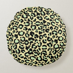 Leopard Pattern in Mint Green on Oatmeal  Round Cushion