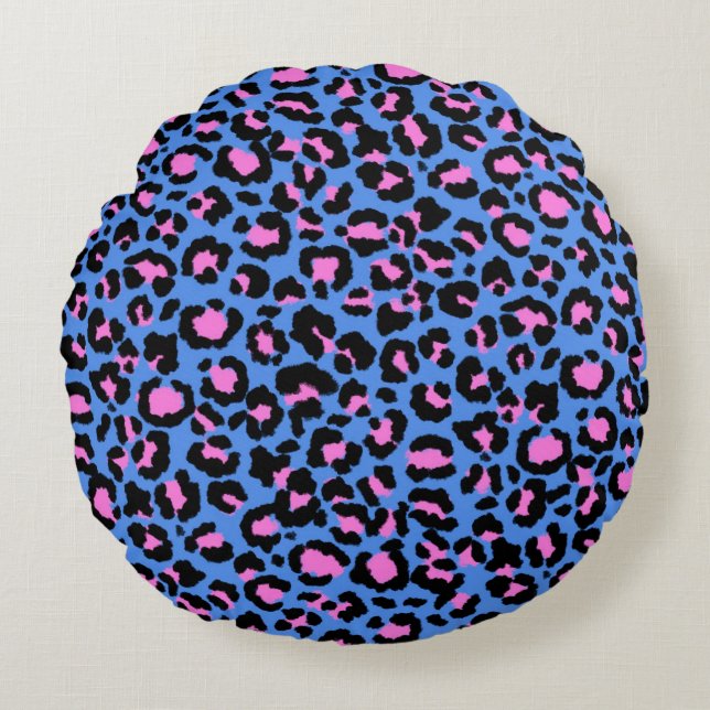 Leopard Pattern in Raspberry on Electric Blue Round Cushion (Front)