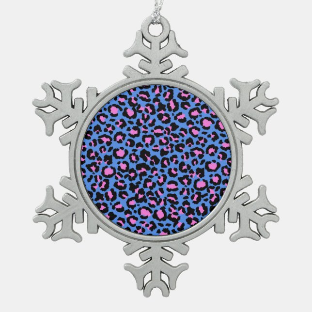 Leopard Pattern in Raspberry on Electric Blue Snowflake Pewter Christmas Ornament (Front)