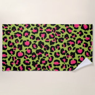 Leopard Pattern in Raspberry on Lime Green Beach Towel