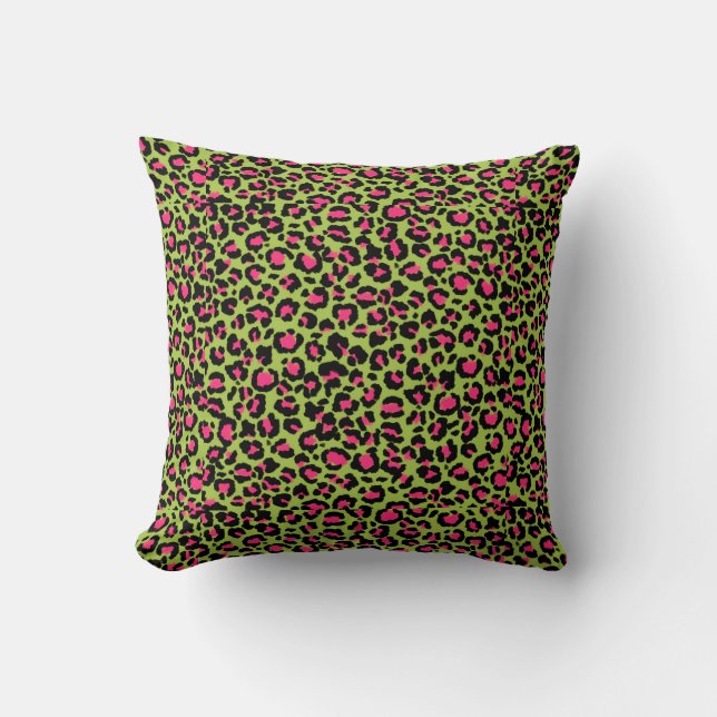 Leopard Pattern in Raspberry on Lime Green Cushion (Front)