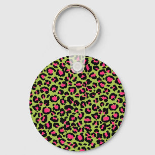 Leopard Pattern in Raspberry on Lime Green Key Ring