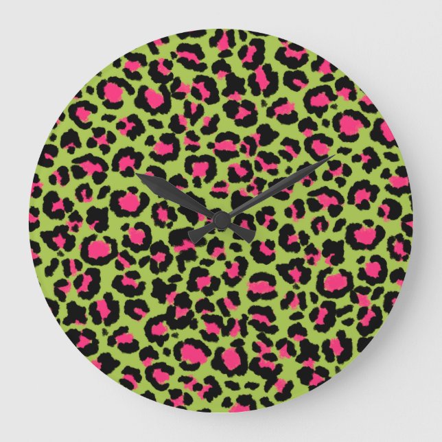 Leopard Pattern in Raspberry on Lime Green Large Clock (Front)