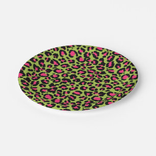 Leopard Pattern in Raspberry on Lime Green Paper Plate