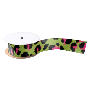 Leopard Pattern in Raspberry on Lime Green Satin Ribbon